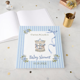 Blue Vintage Watercolor Horse Carousel Baby Shower Guest Book
