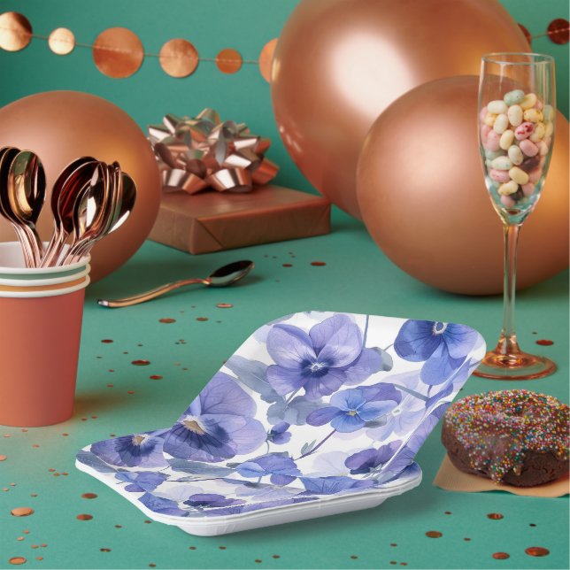Blue Violas Custom Floral Pattern Paper Plates (Multi)
