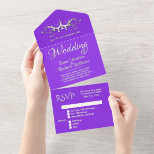 Blue Violet and White Tri Fold w Rsvp Wedding All In One Invitation