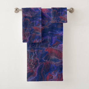 Blue Violet & Coral Red Marble Acrylic Abstraction Bath Towel Set