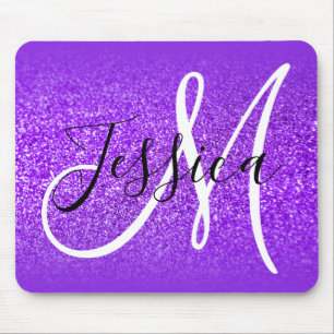 Blue Violet Edge Ombre Purple Glitter Monogram Mouse Pad