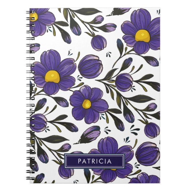Blue Violet Flowers with Leaves Personalized Notebook (Front)