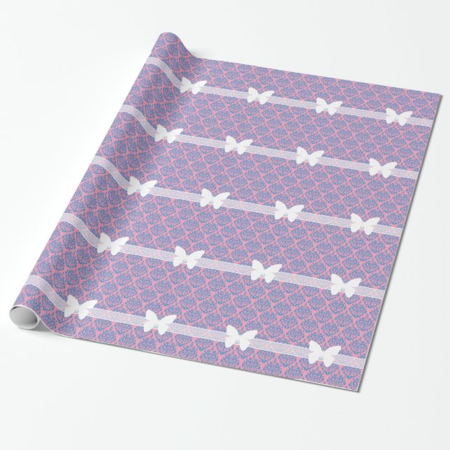 Blue Violet Frosted Orchid Damask with Butterfly Wrapping Paper (Unrolled)