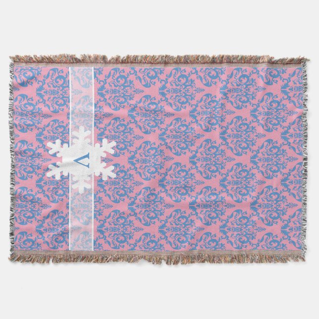 Blue Violet Frosted Orchid Damask with Snowflake Throw Blanket (Front)