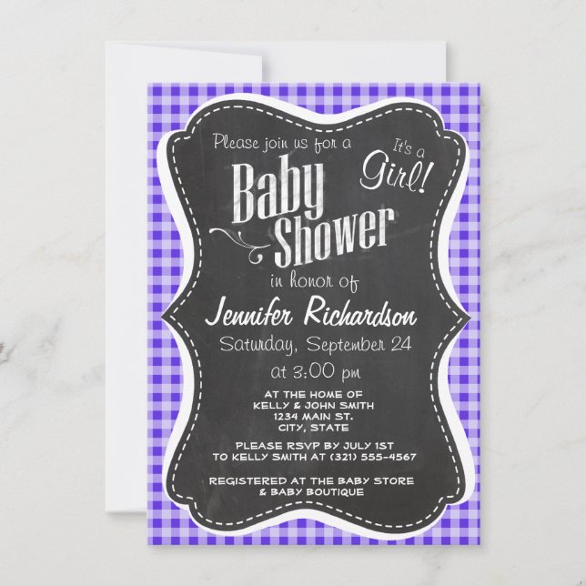 Blue Violet Gingham; Chalkboard look Invitation (Front)