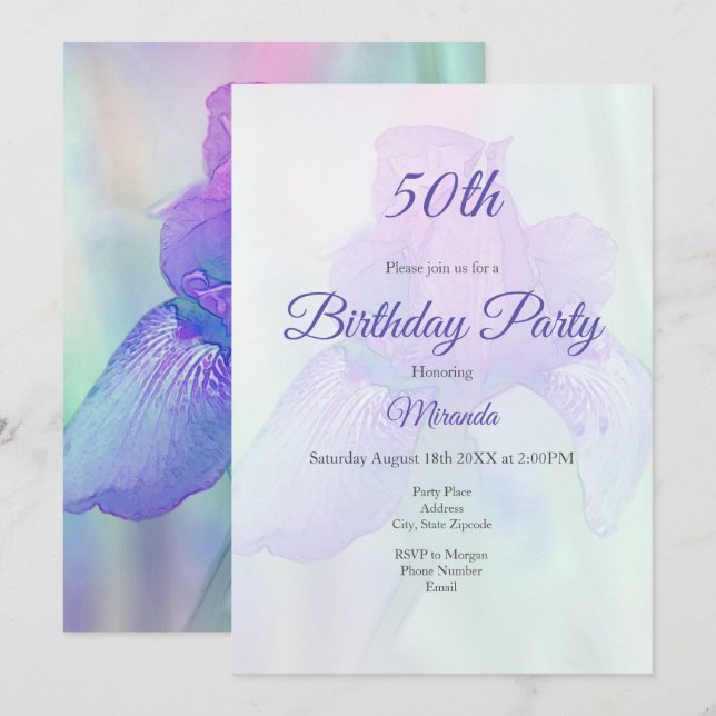 Blue Violet Iris Digital Watercolor Invitation (Front/Back)