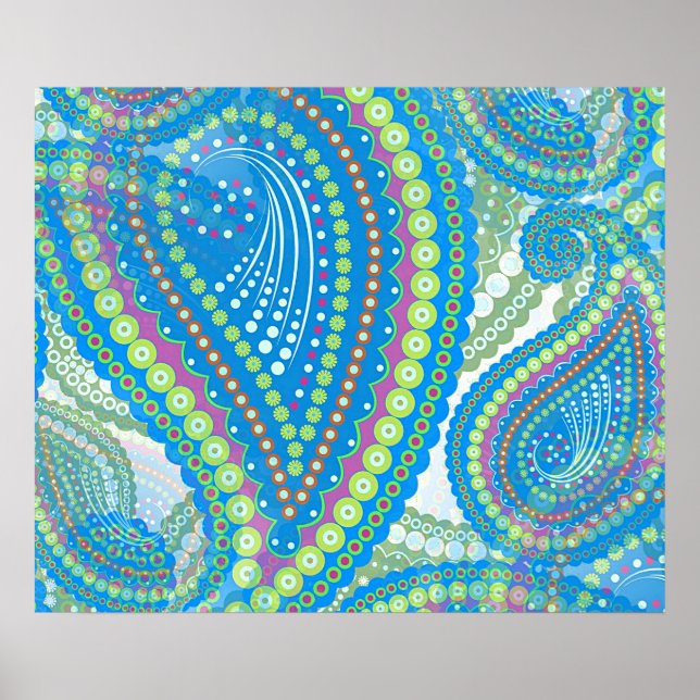 Blue Violet Lime Green Paisley Floral Art Pattern Poster (Front)