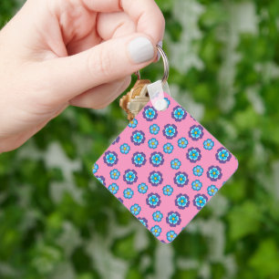 Blue Violet Pink Floral Pattern Keychain