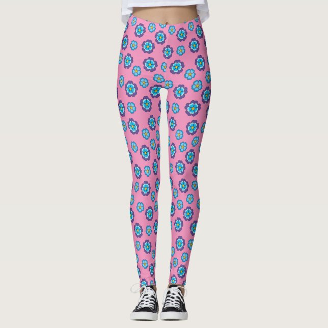 Blue Violet Pink Floral Pattern Leggings (Front)