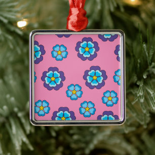 Blue Violet Pink Floral Pattern Metal Ornament