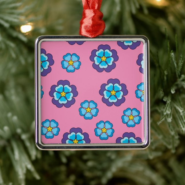 Blue Violet Pink Floral Pattern Metal Ornament (Tree)