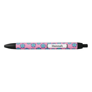 Blue Violet Pink Floral Pattern   Personalize Black Ink Pen