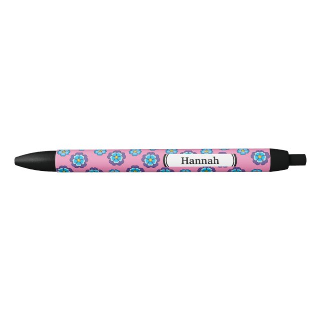 Blue Violet Pink Floral Pattern | Personalize Black Ink Pen (Front)