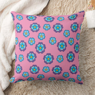 Blue Violet Pink Floral Pattern Throw Pillow