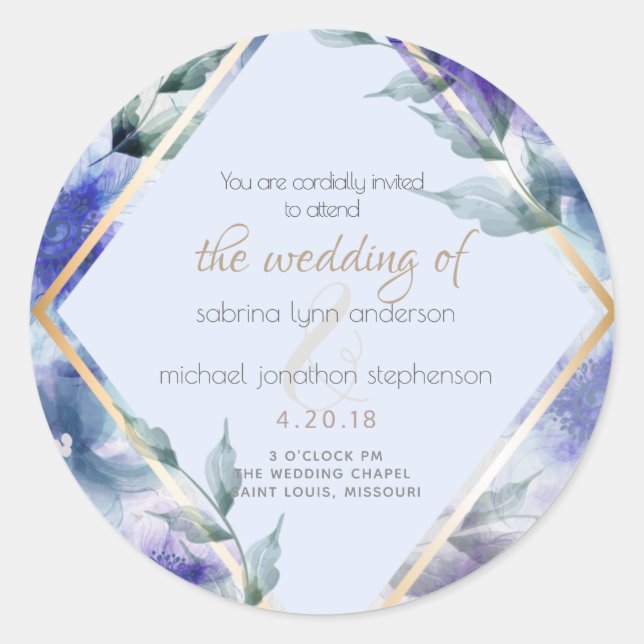 Blue Violet Translucent Floral  Classic Round Sticker (Front)