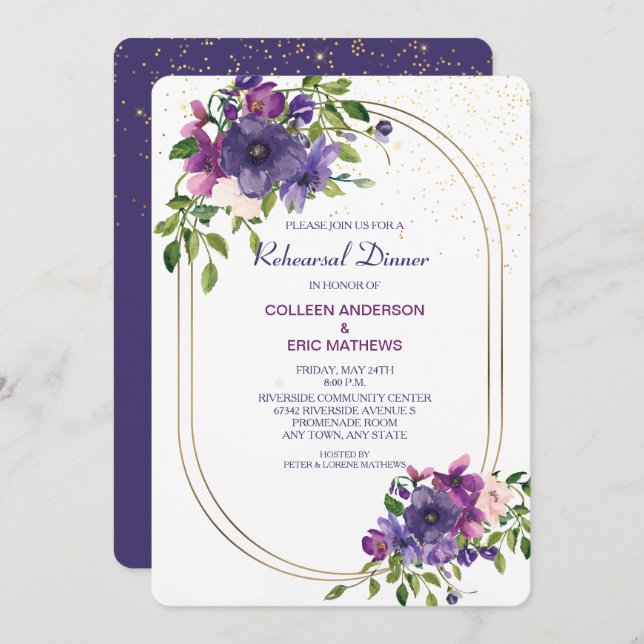 Blue Violet Wild Roses Wedding Rehearsal Dinner Invitation (Front/Back)