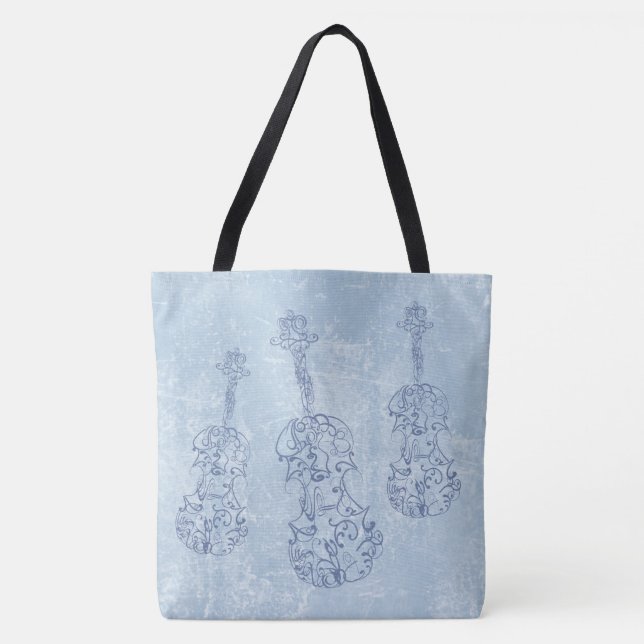 Blue Violin Line Drawings Faux Leather Backdrop Tote Bag (Front)