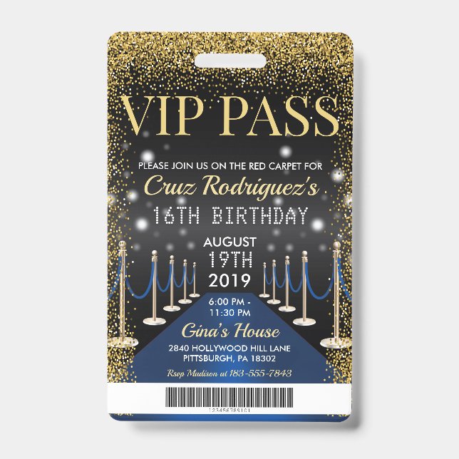 Blue VIP Pass Hollywood Red Carpet Birthday Badge (Front)