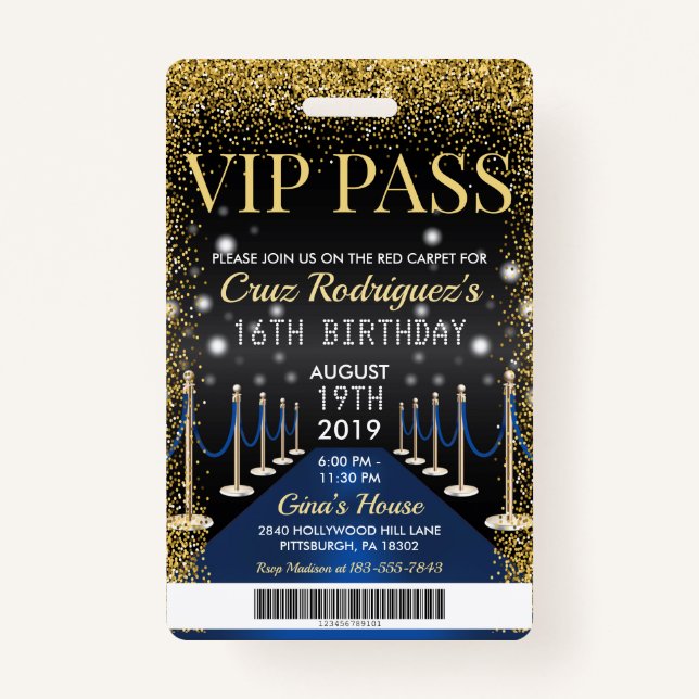 Blue VIP Pass Hollywood Red Carpet Birthday Badge (Front)