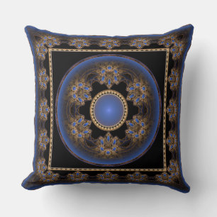 Blue visual fractal framed pattern throw pillow