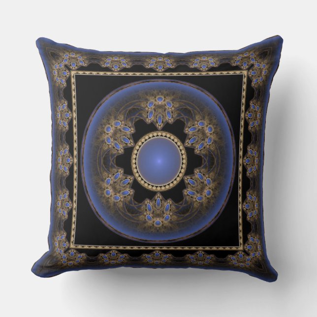 Blue visual fractal framed pattern throw pillow (Front)
