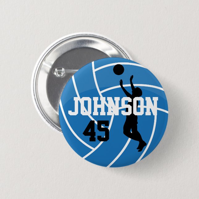 Blue Volleyball with Silhouette Player 2 Inch Round Button (Front & Back)