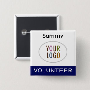 Blue Volunteer Pinback Badge with Logo Square 2 Inch Square Button