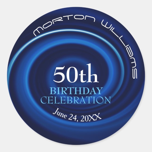 Blue Vortex 50th Birthday Round Sticker (Front)