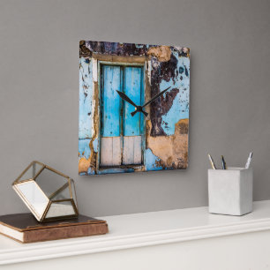 Blue wall and door square wall clock
