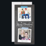 Blue Washi Tape and Chalkboard Photo Frames Holiday Card<br><div class="desc">This skinny format holiday card is a budget friendly choice and showcases two your your favourite photos in vintage style instant photo frames with editable captions. The design looks like they are taped to a chalkboard with patterned strips of paper washi tape to give the card a casual and homemade...</div>