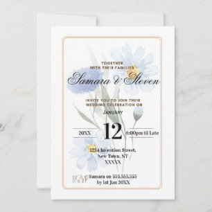 Blue Water Color Flower Wedding Celebration Invite