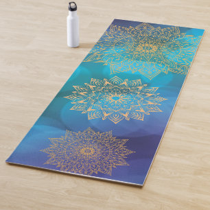 Blue Water Colour Cosmic Boho Golden Mandala Yoga Mat