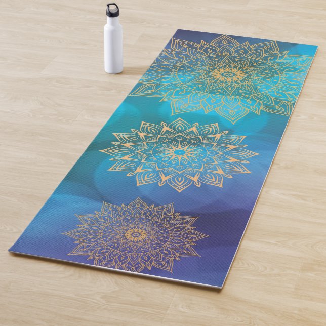 Blue Water Colour Cosmic Boho Golden Mandala  Yoga Mat (In Situ)