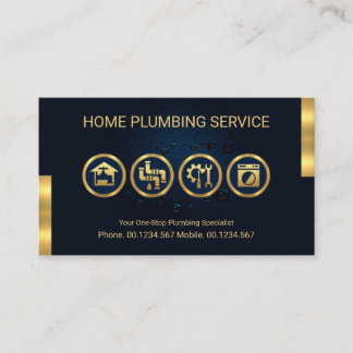 Blue Water Drop Leakage Gold Plumbing Tools Motif  Business Card