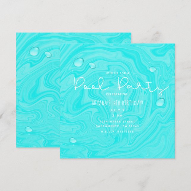 Blue Water Drops Summer Swim Pool Birthday Party Invitation (Front/Back)