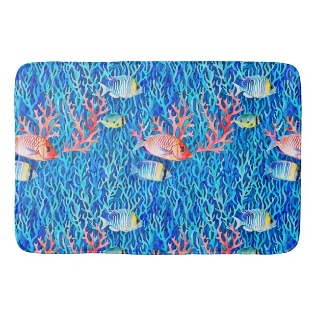 Blue Water, Fish and Coral Oceanic  Bath Mat (Front)