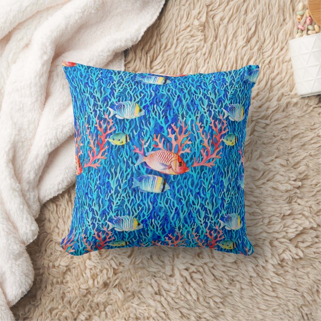 Blue Water, Fish and Coral Oceanic  Throw Pillow (Blanket)