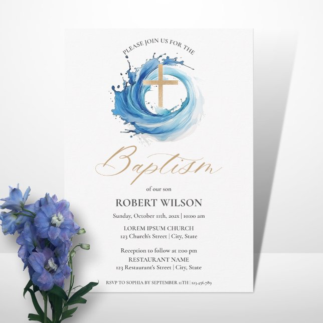 Blue Water Gold Cross Boy Christening Baptism Invitation (Creator Uploaded)