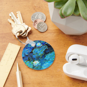 Blue Water-Lilies, fine art painting Keychain