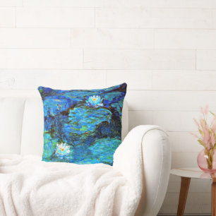 Blue Water-Lilies, fine art painting Throw Pillow