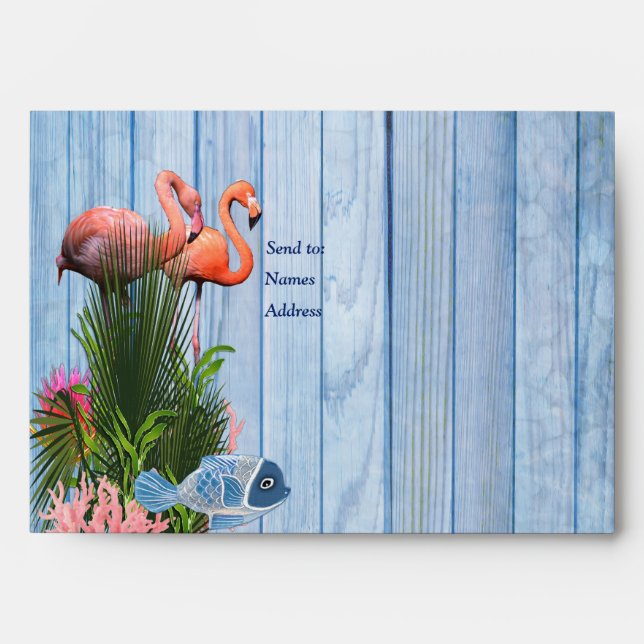 Blue water Pebbles,Pink Flamingos & Fish Envelope (Front)