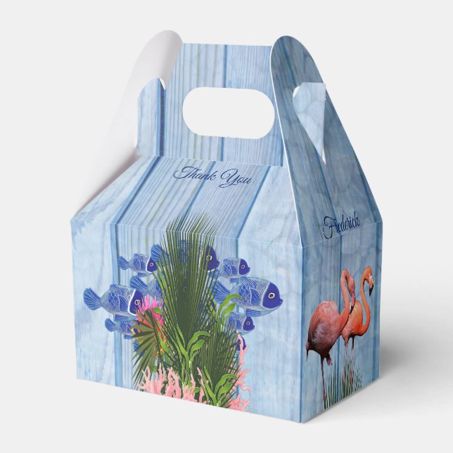 Blue water Pebbles,Pink Flamingos & Fish Favor Box (Front Side)
