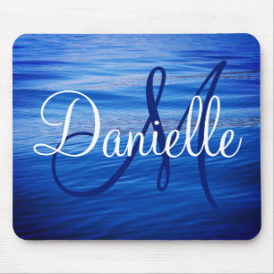 Blue Water Photo Dark Blue and White Monogram Mouse Pad