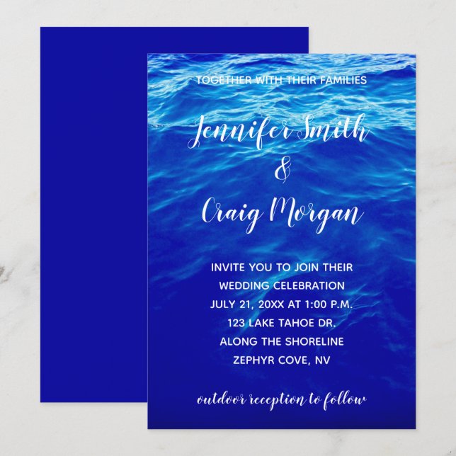 Blue Water Photo Modern Calligraphy Wedding Invitation (Front/Back)