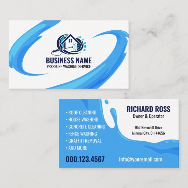 Blue Water Splash Power Washing House Cleaning Business Card (Front/Back)