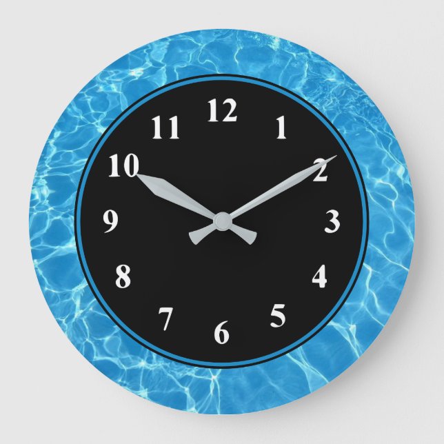Blue Water Swimming Pool Wall Clock in Black (Front)