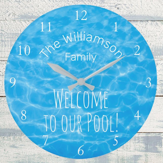 Blue Water Welcome to Our Pool Family Name Large Clock (Creator Uploaded)