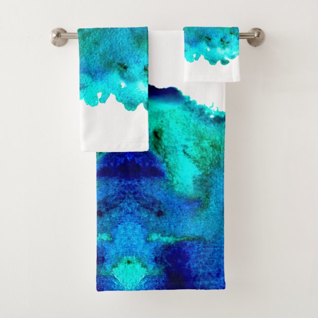 Blue watercolor abstract ocean design bath towel set (Insitu)