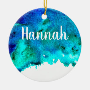 Blue watercolor abstract ocean design ceramic ornament