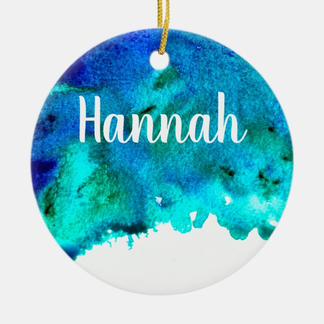 Blue watercolor abstract ocean design ceramic ornament (Front)